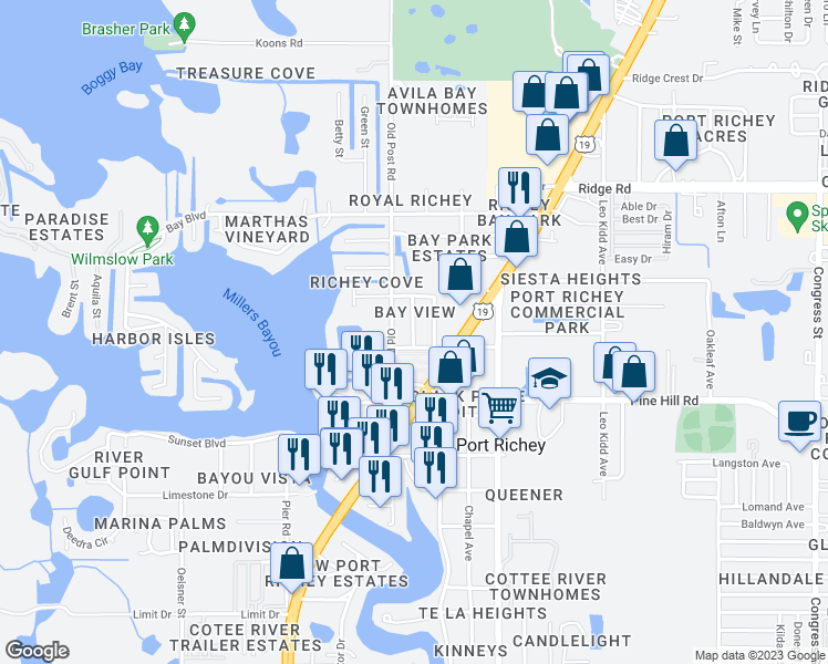 map of restaurants, bars, coffee shops, grocery stores, and more near 8134 Papaya Street in Port Richey