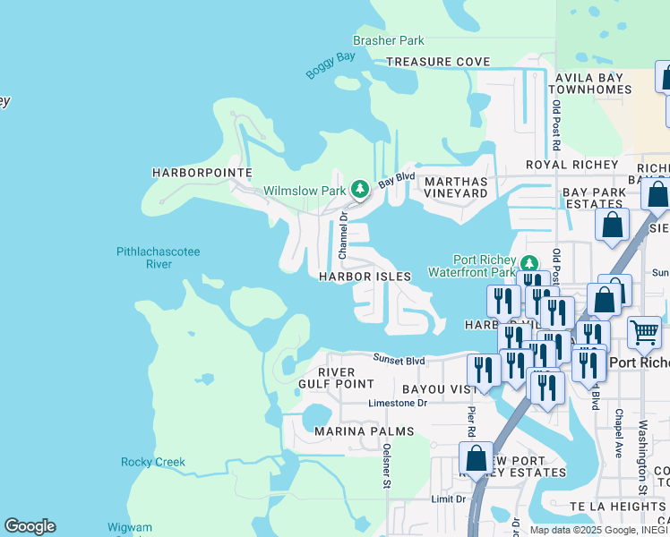 map of restaurants, bars, coffee shops, grocery stores, and more near 8131 Channel Drive in Port Richey