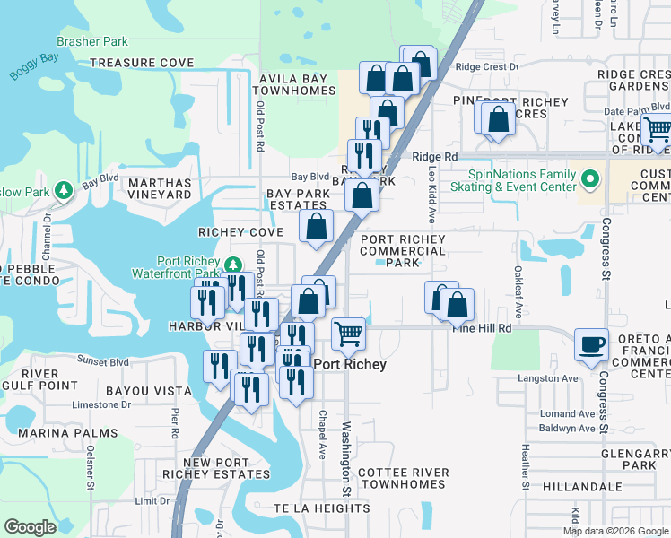 map of restaurants, bars, coffee shops, grocery stores, and more near in Port Richey