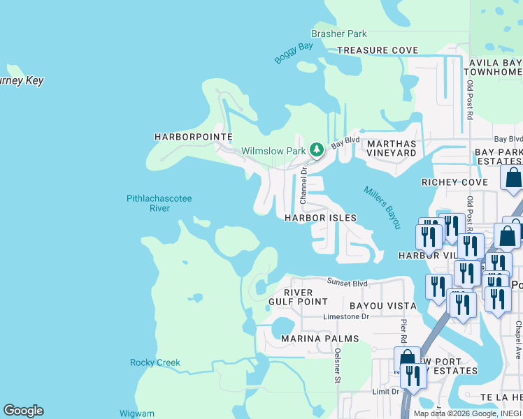 map of restaurants, bars, coffee shops, grocery stores, and more near 8211 Brent Street in Port Richey