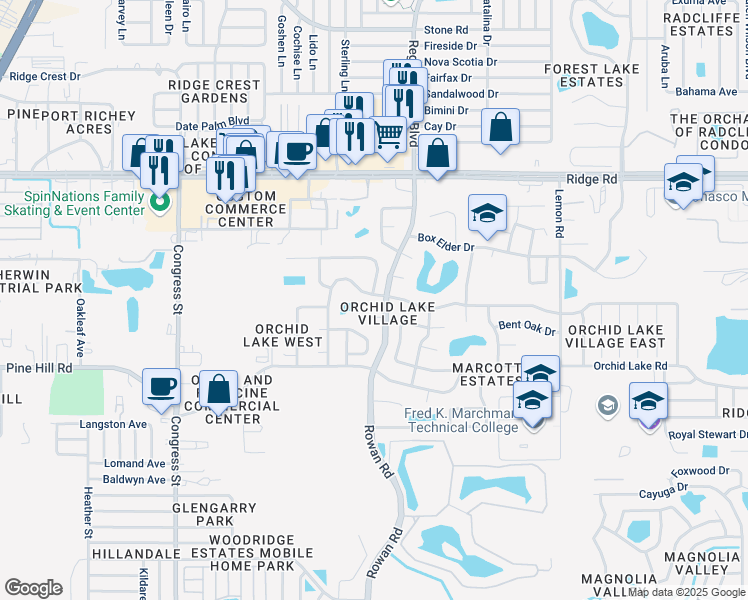 map of restaurants, bars, coffee shops, grocery stores, and more near 7004 Bramblewood Drive in Port Richey