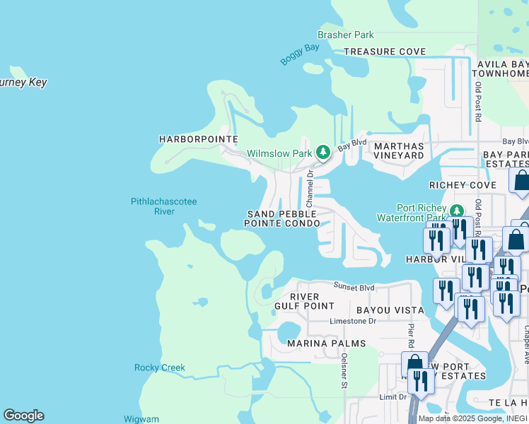 map of restaurants, bars, coffee shops, grocery stores, and more near 8211 Brent Street in Port Richey