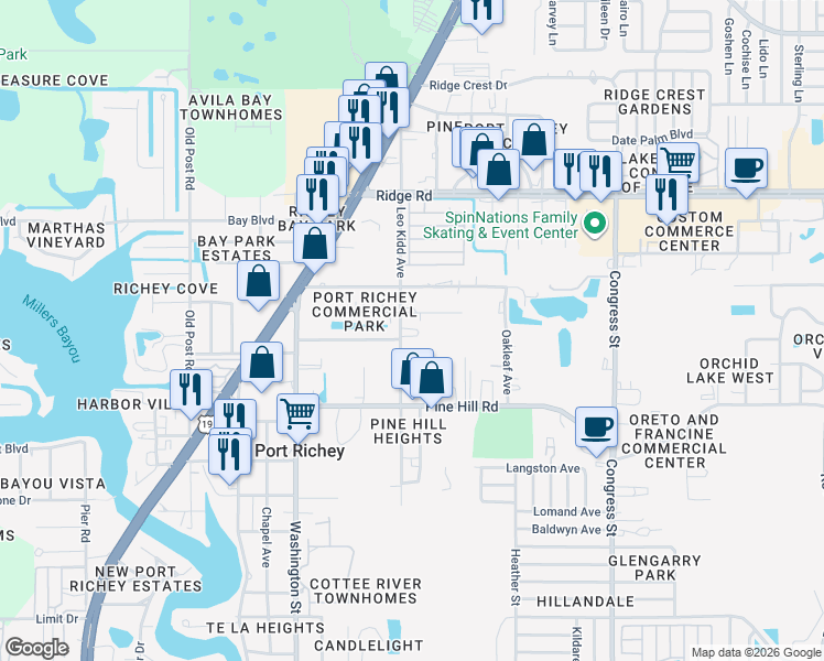 map of restaurants, bars, coffee shops, grocery stores, and more near 6033 Sherwin Drive in Port Richey