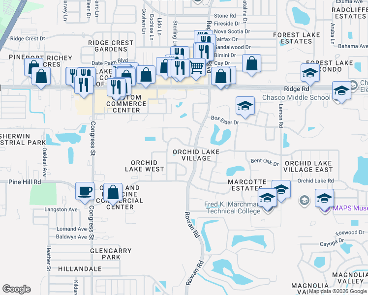 map of restaurants, bars, coffee shops, grocery stores, and more near 6927 Bramblewood Drive in Port Richey