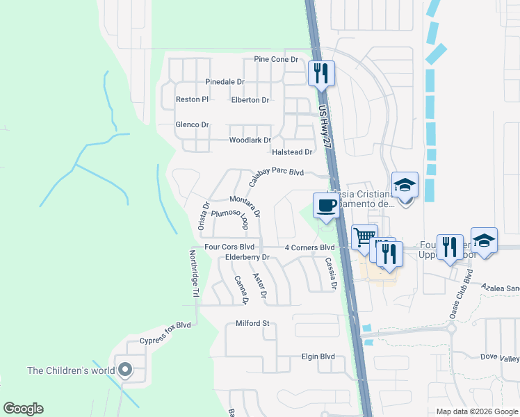 map of restaurants, bars, coffee shops, grocery stores, and more near 487 Calabay Parc Boulevard in Davenport