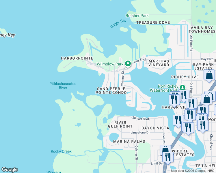 map of restaurants, bars, coffee shops, grocery stores, and more near 8217 Aquila Street in Port Richey