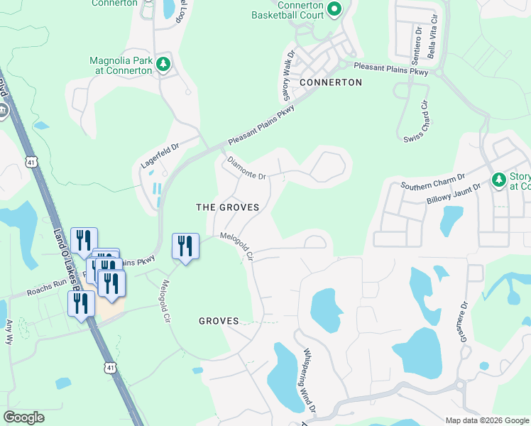 map of restaurants, bars, coffee shops, grocery stores, and more near 8145 Sanguinelli Road in Land O' Lakes