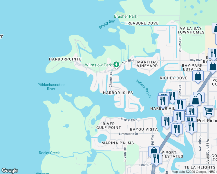 map of restaurants, bars, coffee shops, grocery stores, and more near 4849 Waterside Drive in Port Richey