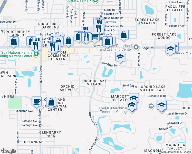 map of restaurants, bars, coffee shops, grocery stores, and more near 7023 Bramblewood Drive in Port Richey