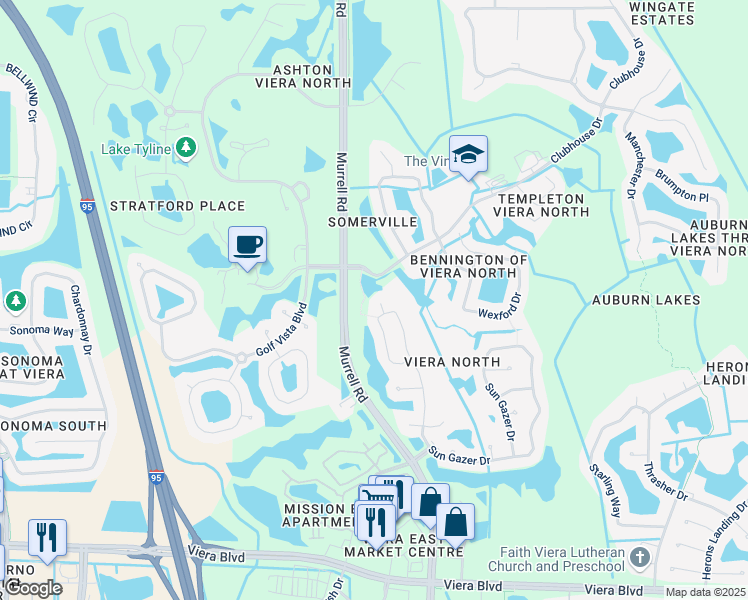 map of restaurants, bars, coffee shops, grocery stores, and more near 5080 Pointed Bill Court in Rockledge