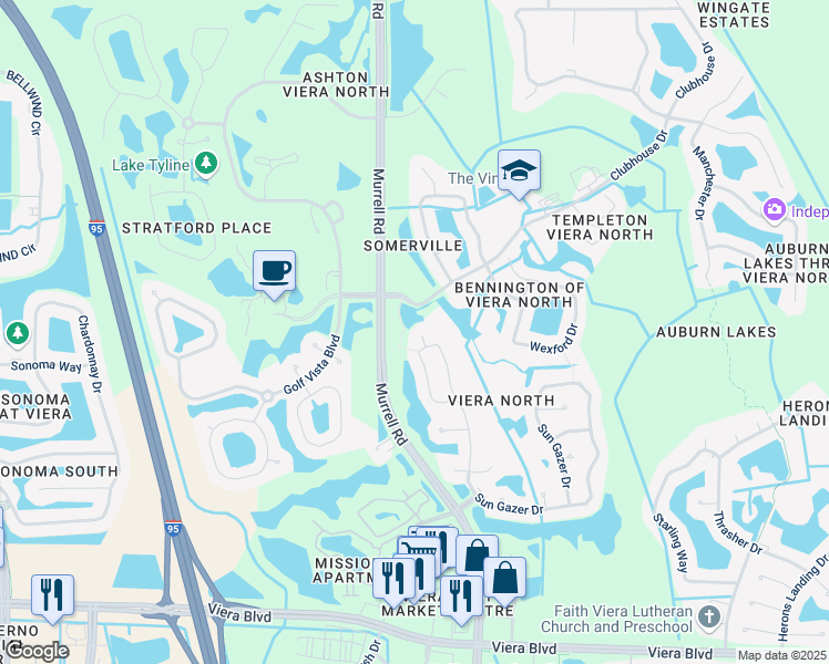 map of restaurants, bars, coffee shops, grocery stores, and more near 5080 Pointed Bill Court in Rockledge