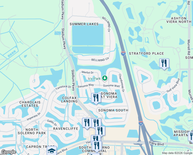 map of restaurants, bars, coffee shops, grocery stores, and more near 4567 Merlot Drive in Rockledge
