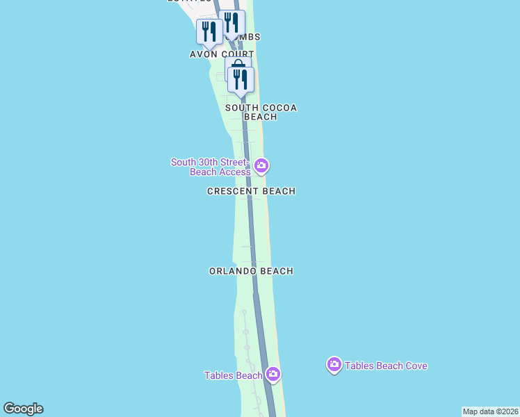 map of restaurants, bars, coffee shops, grocery stores, and more near 3221 South Atlantic Avenue in Cocoa Beach