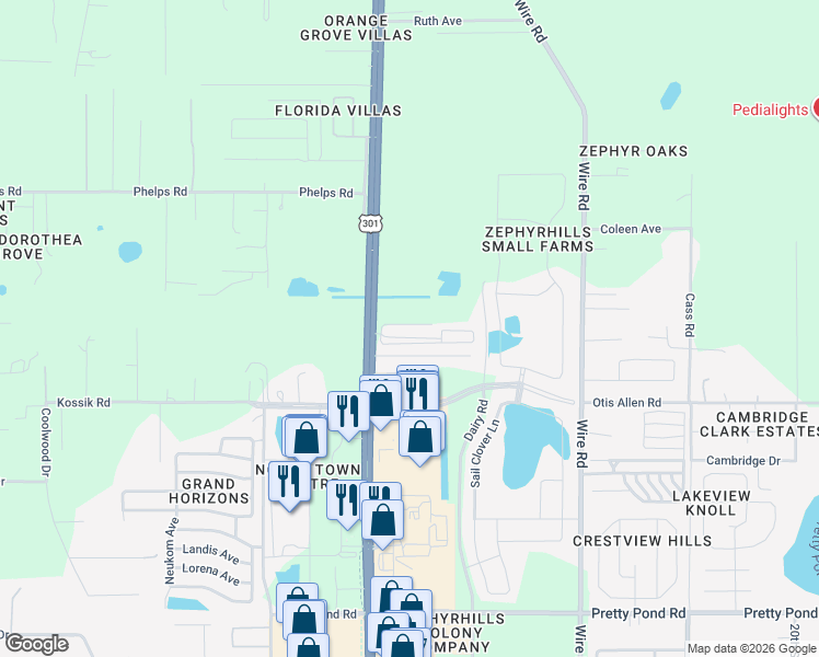 map of restaurants, bars, coffee shops, grocery stores, and more near 38048 Wren Road in Zephyrhills
