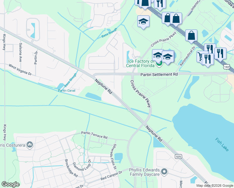 map of restaurants, bars, coffee shops, grocery stores, and more near 1171 Schooner Drive in Kissimmee