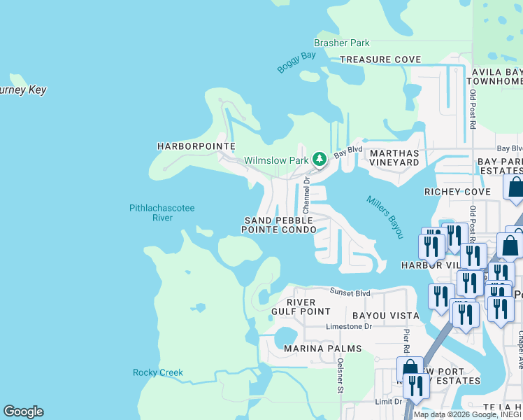 map of restaurants, bars, coffee shops, grocery stores, and more near 8211 Brent Street in Port Richey