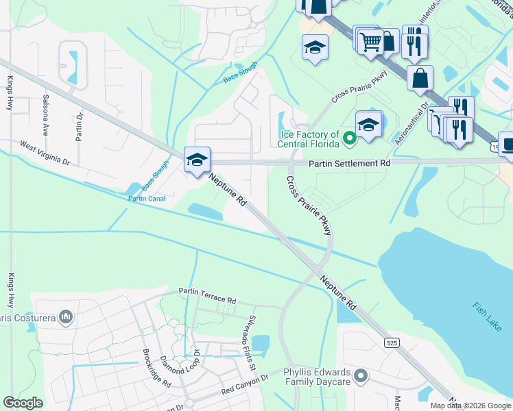 map of restaurants, bars, coffee shops, grocery stores, and more near 1171 Schooner Drive in Kissimmee