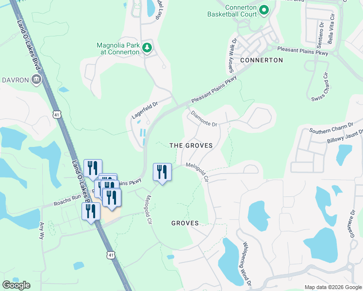 map of restaurants, bars, coffee shops, grocery stores, and more near 8137 Ponkan Road in Land O' Lakes