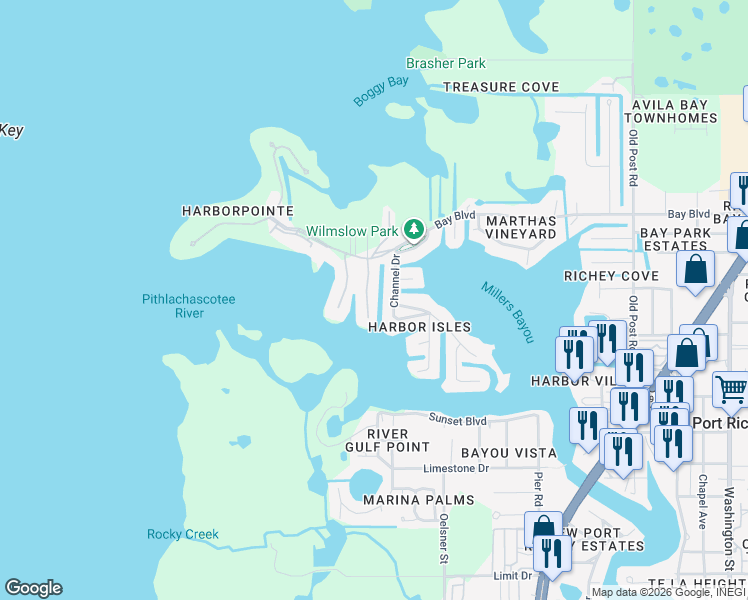 map of restaurants, bars, coffee shops, grocery stores, and more near 8217 Aquila Street in Port Richey