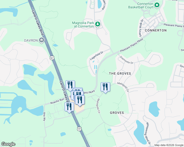 map of restaurants, bars, coffee shops, grocery stores, and more near 8137 Lagerfeld Drive in Land O' Lakes
