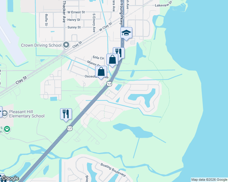 map of restaurants, bars, coffee shops, grocery stores, and more near 2051 Estancia Circle in Kissimmee