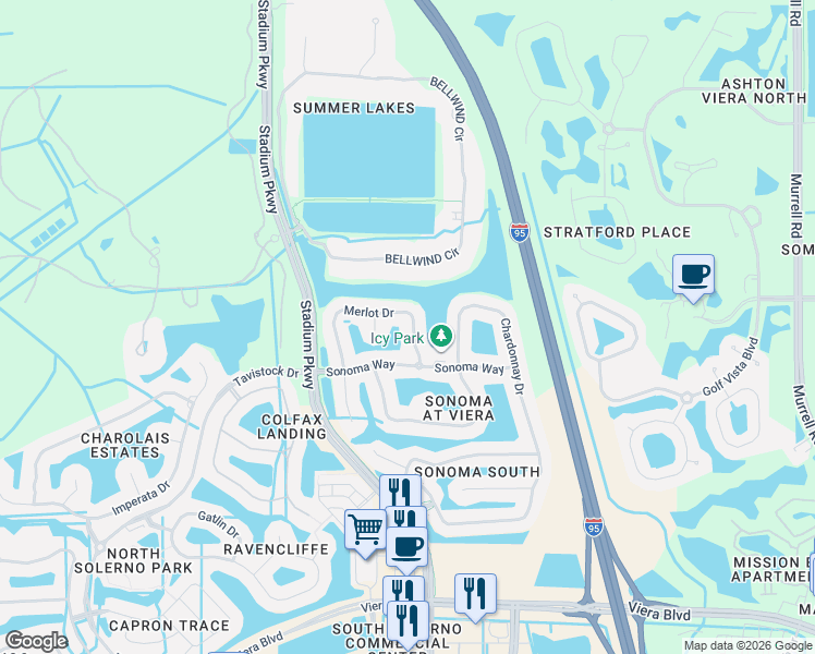 map of restaurants, bars, coffee shops, grocery stores, and more near 4567 Merlot Drive in Rockledge