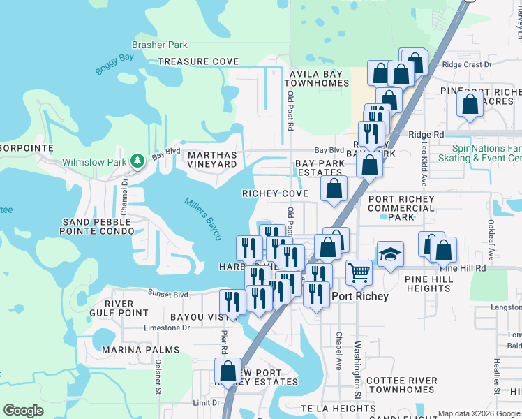 map of restaurants, bars, coffee shops, grocery stores, and more near 8212 Hayward Lane in Port Richey