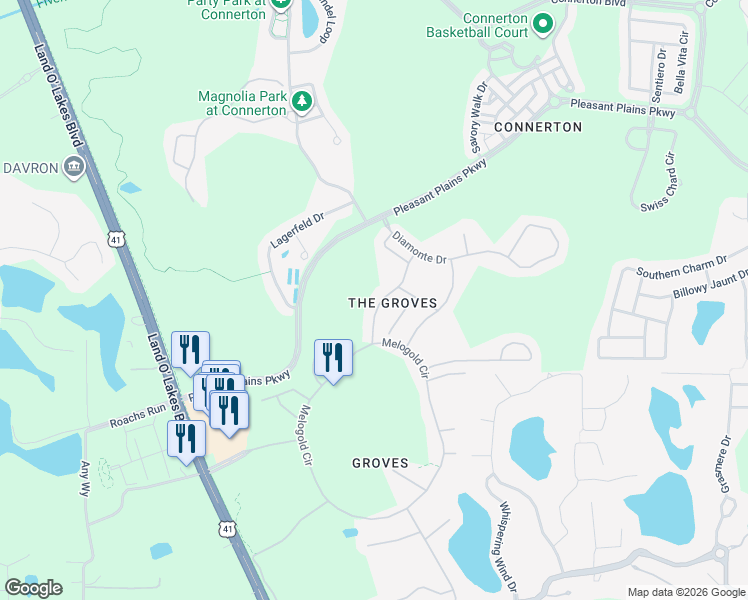 map of restaurants, bars, coffee shops, grocery stores, and more near 8141 Ponkan Road in Land O' Lakes