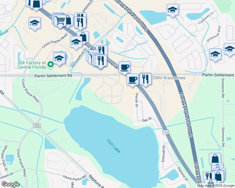 map of restaurants, bars, coffee shops, grocery stores, and more near 2409 Stoney Way in Kissimmee