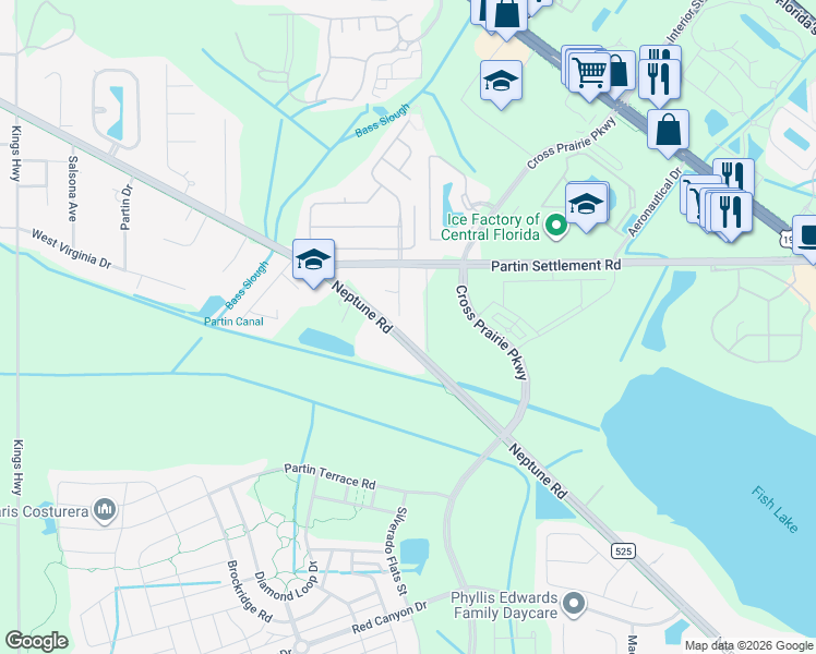 map of restaurants, bars, coffee shops, grocery stores, and more near 1171 Schooner Drive in Kissimmee
