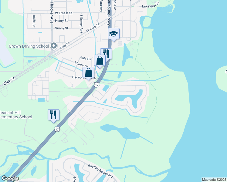 map of restaurants, bars, coffee shops, grocery stores, and more near 625 Hacienda Cir in Kissimmee