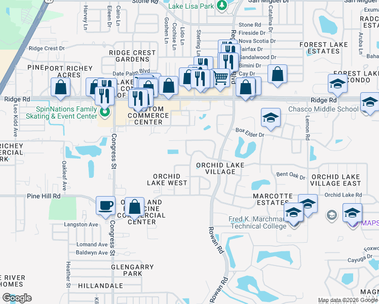 map of restaurants, bars, coffee shops, grocery stores, and more near 6903 Bramblewood Dr in Port Richey