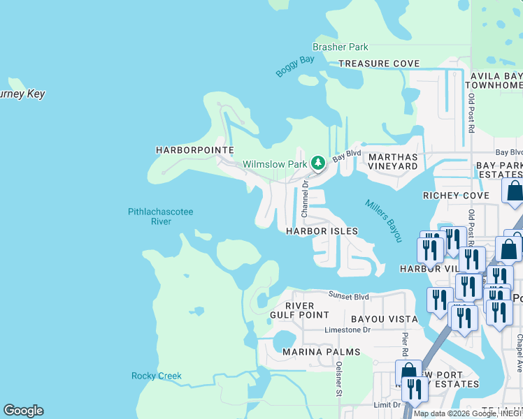 map of restaurants, bars, coffee shops, grocery stores, and more near 8211 Brent Street in Port Richey