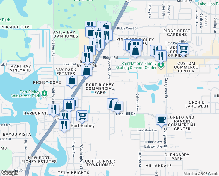map of restaurants, bars, coffee shops, grocery stores, and more near Leo Kidd Avenue in Port Richey