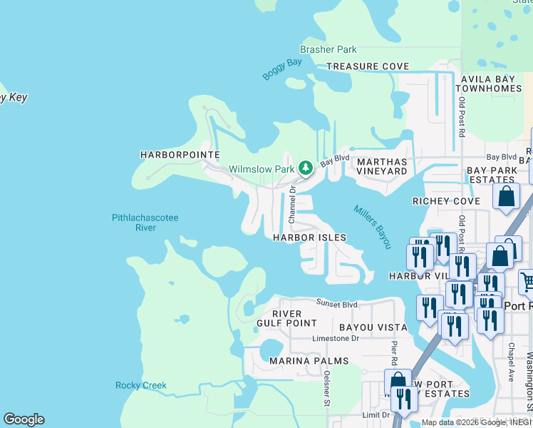 map of restaurants, bars, coffee shops, grocery stores, and more near 8217 Aquila Street in Port Richey
