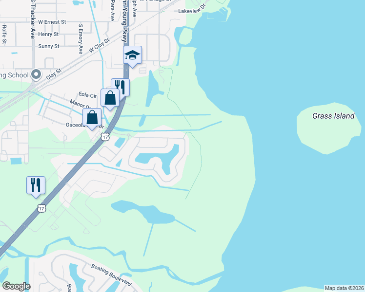 map of restaurants, bars, coffee shops, grocery stores, and more near 1002 Hacienda Circle in Kissimmee