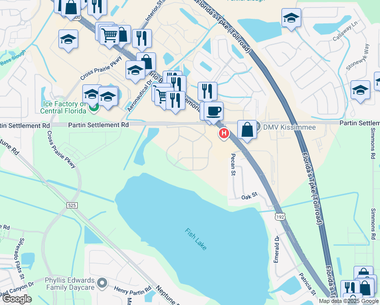map of restaurants, bars, coffee shops, grocery stores, and more near 1110 Brownstone Drive in Kissimmee