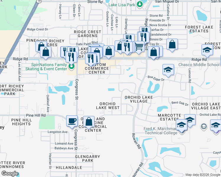 map of restaurants, bars, coffee shops, grocery stores, and more near 6742 Pin Cherry Lane in Port Richey