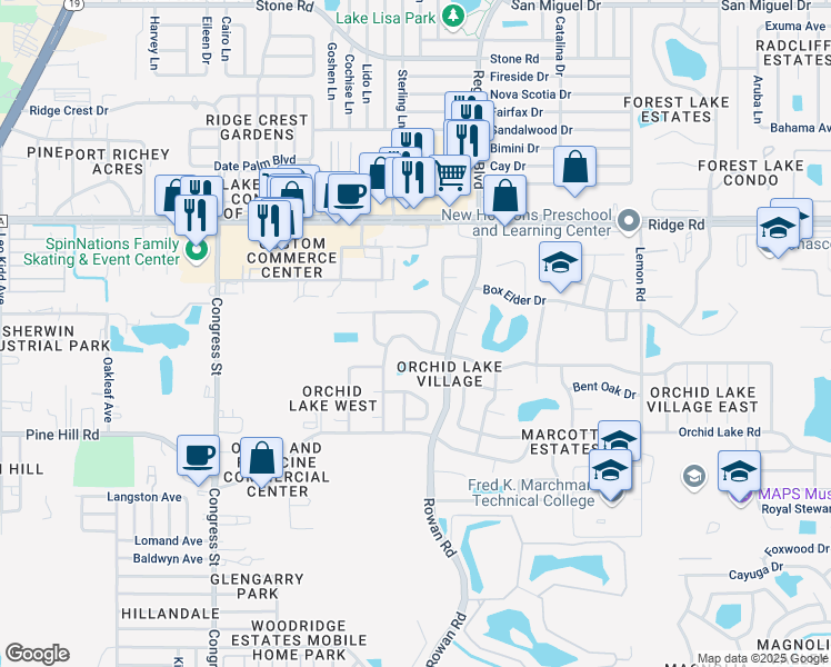 map of restaurants, bars, coffee shops, grocery stores, and more near 6927 Bramblewood Drive in Port Richey
