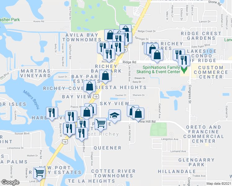 map of restaurants, bars, coffee shops, grocery stores, and more near 5833 Dasher Ct in Port Richey