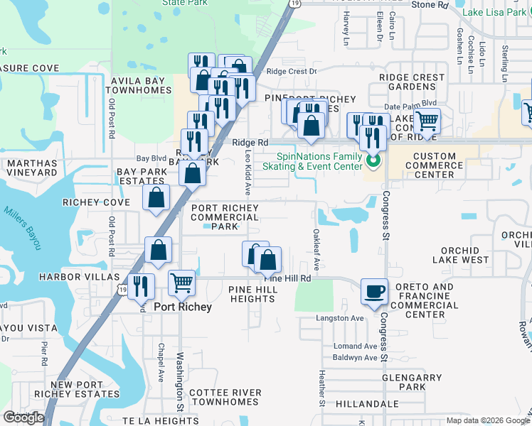 map of restaurants, bars, coffee shops, grocery stores, and more near 6033 Sherwin Drive in Port Richey