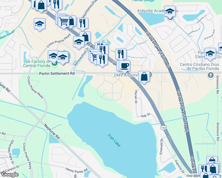 map of restaurants, bars, coffee shops, grocery stores, and more near 2409 Stoney Way in Kissimmee