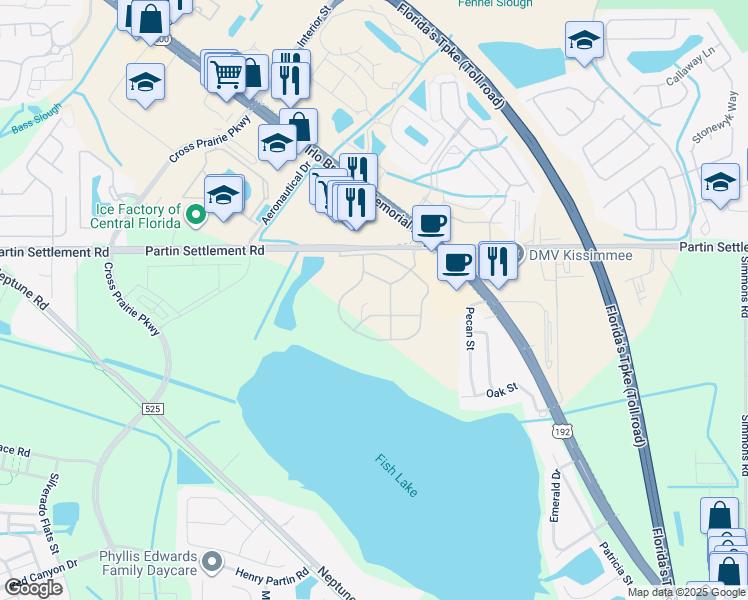 map of restaurants, bars, coffee shops, grocery stores, and more near 1110 Brownstone Drive in Kissimmee
