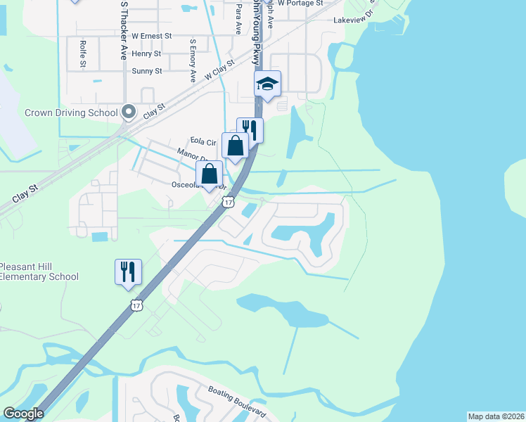 map of restaurants, bars, coffee shops, grocery stores, and more near 625 Hacienda Circle in Kissimmee