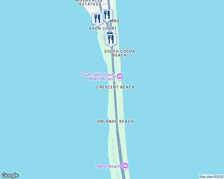map of restaurants, bars, coffee shops, grocery stores, and more near 3150 South Atlantic Avenue in Cocoa Beach