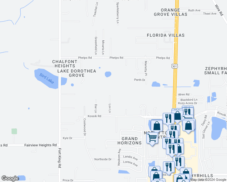 map of restaurants, bars, coffee shops, grocery stores, and more near 8200 Lov Lane in Zephyrhills