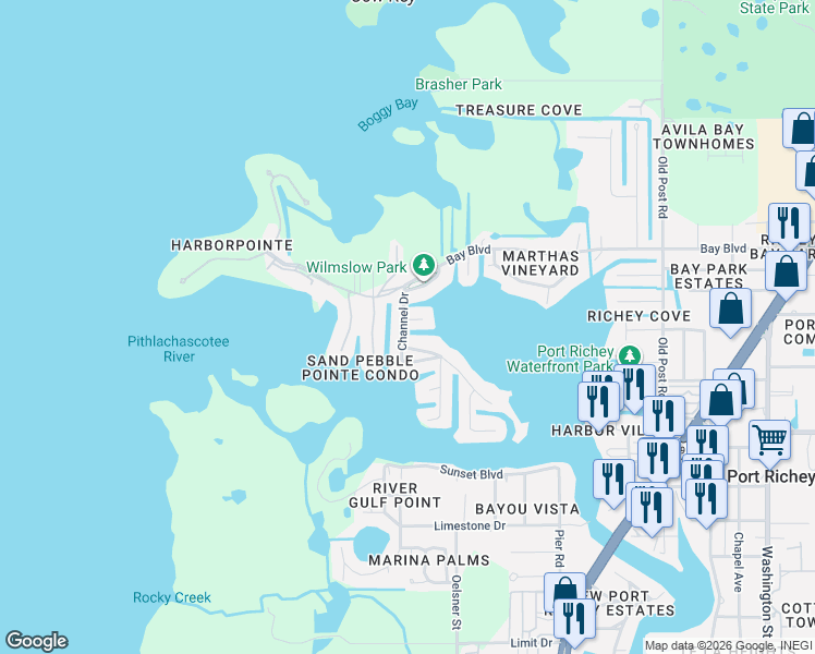 map of restaurants, bars, coffee shops, grocery stores, and more near 4849 Waterside Drive in Port Richey