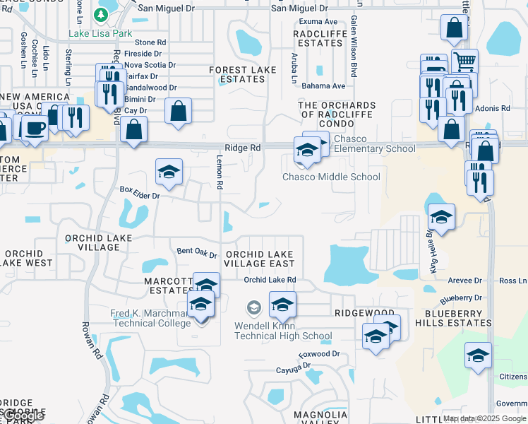 map of restaurants, bars, coffee shops, grocery stores, and more near 7636 Isabella Drive in Port Richey