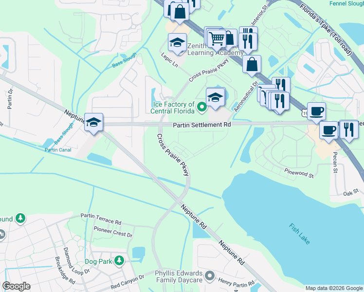 map of restaurants, bars, coffee shops, grocery stores, and more near 2300-2398 Partin Settlement Road in Kissimmee