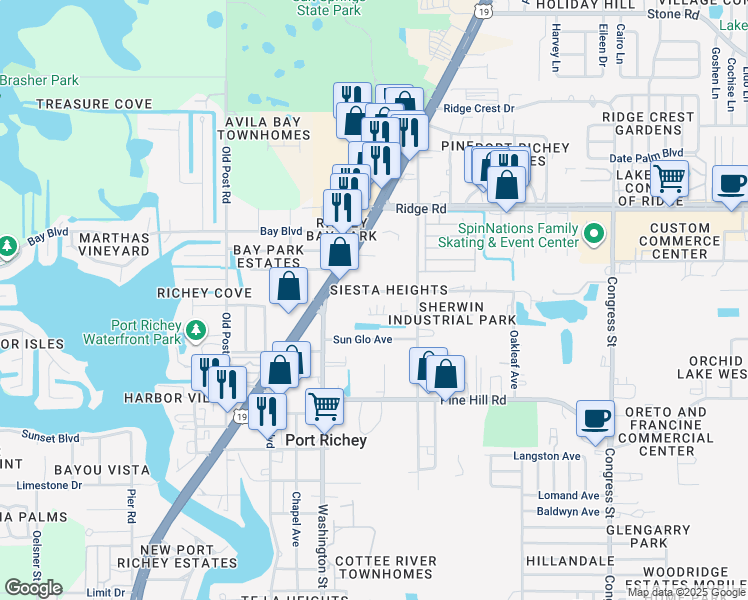map of restaurants, bars, coffee shops, grocery stores, and more near 5833 Dasher Court in Port Richey